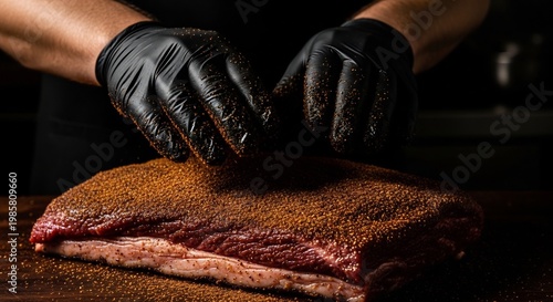 Chef Prepares Raw Beef Brisket for Smoking with Dry Rub Seasoning.