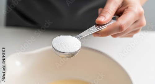 Close-up of a persons hand holding a measuring spoon filled with white powder over a bowl.