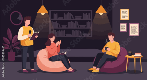 Three young people relaxing and reading books in a cozy room.