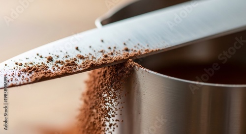 Close-up of a metal grater with spices falling into a container.