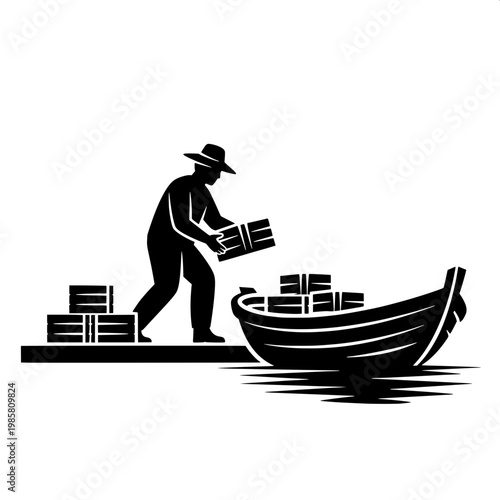 Silhouette of worker loading cargo onto wooden boat at waterfront