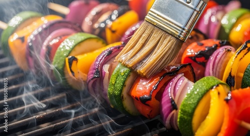 Delicious Vegetable Skewers Grilling on an Outdoor Barbecue.
