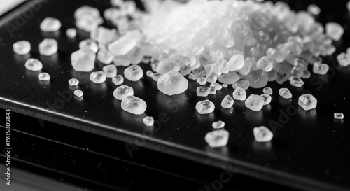 Close-up Macro Shot of Crystalline Substance on a Black Surface.