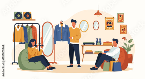 Two men and a woman in a clothing store.