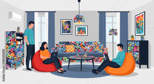 Three people working on laptops in a colorful living room.