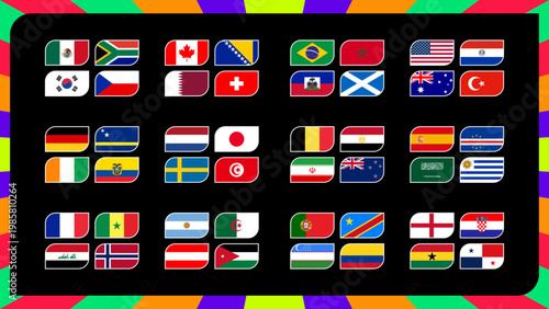 Modern infographic template for the 2026 world football tournament group stage draw. Vector illustration featuring national team flags, match schedule grid, and tournament bracket layout. Ideal for sp