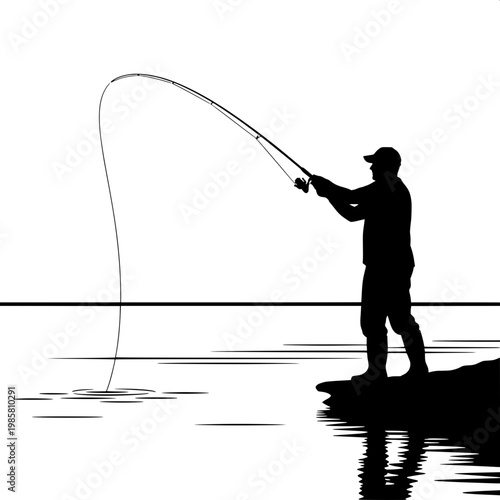 Silhouette of man fly fishing at sunset on calm lake with reflection