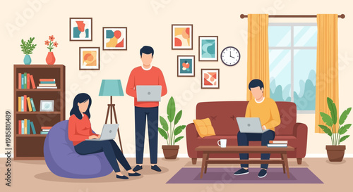 Three people working on laptops in a cozy living room setting.