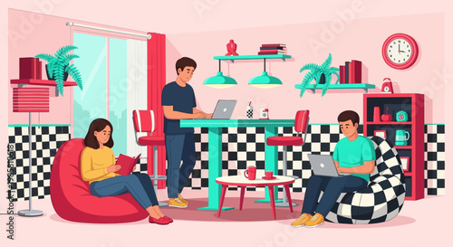 Three people working on laptops in a modern co-working space.