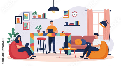 Three people working on laptops in a modern living room setting.