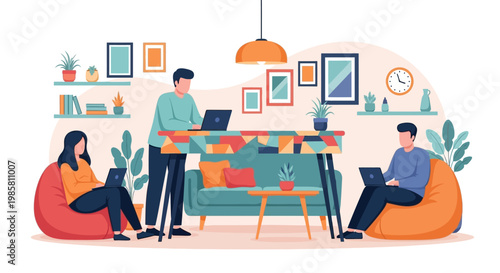 Three people working remotely in a cozy living room setting.
