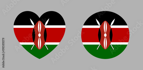 National flag of Kenya heart shaped, round icon, sticker. Kenya flag heart, circle badge, button. Set of republic of Kenya flag banner, background, symbol, sign.