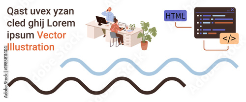 Teamwork, software development, web design, creative workspace, typography art, abstract elements. Office workers collaborating on a computer, coding interface and wavy lines. Teamwork and coding