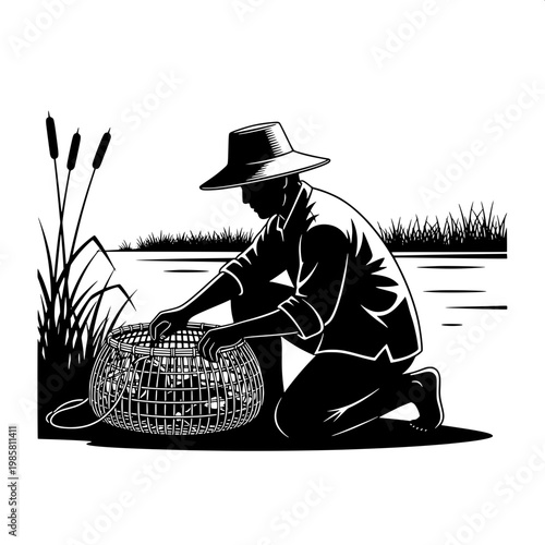Farmer checking fish trap in wetland at sunset with traditional hat