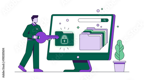Male cyber security analyst holding a large purple key to unlock a protected digital folder on a desktop computer monitor screen, concept for data encryption, info privacy and server safety