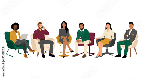 Diverse multiracial group of corporate executives including financial analyst and project manager sitting in modern chairs, concept for recruitment business seminar and career growth
