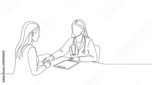 Continuous line drawing of female general practitioner comforting patient in medical clinic, concept for healthcare consultation, medical service advertisement and hospital wellness campaign