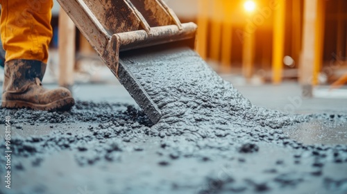 Wet concrete is being poured on a construction site, with a worker in boots and orange pants nearby.
