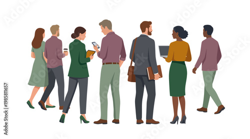 Flat vector illustration of diverse corporate executives and office employees walking with gadgets on white background, concept for professional networking, workforce diversity and career development