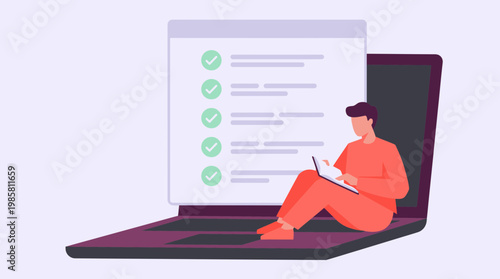 Professional project manager sitting on a large laptop reading notes near a giant digital checklist with green marks, concept for productivity tracking, online learning and task organization