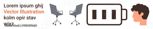 Workplace productivity, mental energy, office culture, business efficiency, energy management, work-life balance. Two chairs, battery icon and a human head silhouette. Productivity and energy