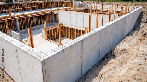 Concrete foundation walls are being constructed on a building site with wooden framing and soil surrounding the structure.