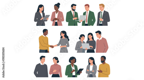 Diverse corporate executives and office managers collaborating using digital devices and shaking hands, concept for professional networking, teamwork management and career recruitment