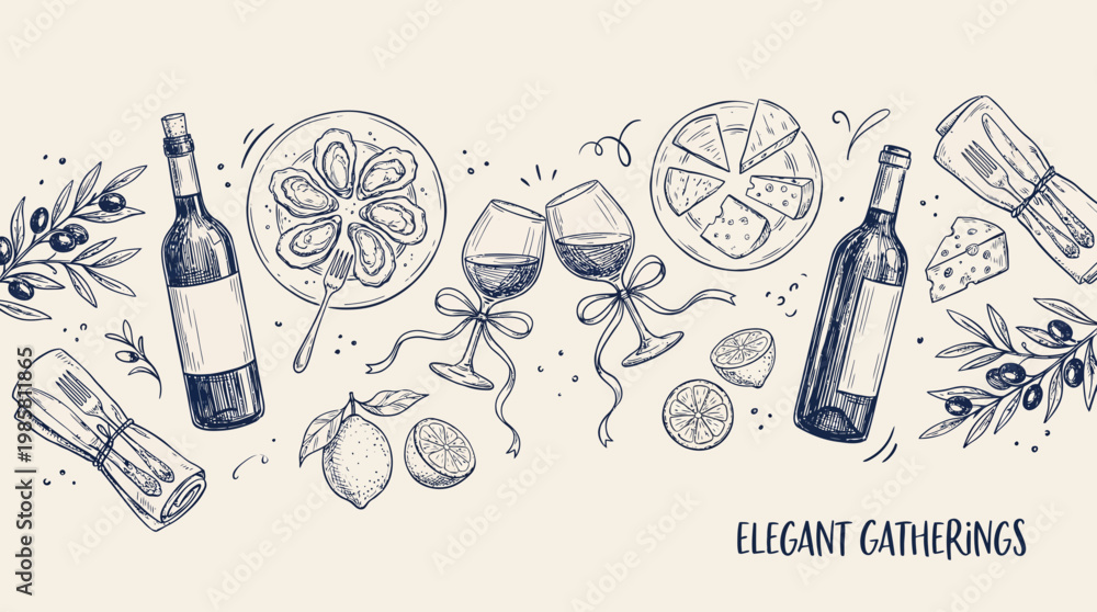 Fototapeta premium Hand drawn sketch of wine bottles and glasses with oysters cheese and olives on elegant dinner table background, concept for restaurant menu design culinary event promotion and luxury party invitation