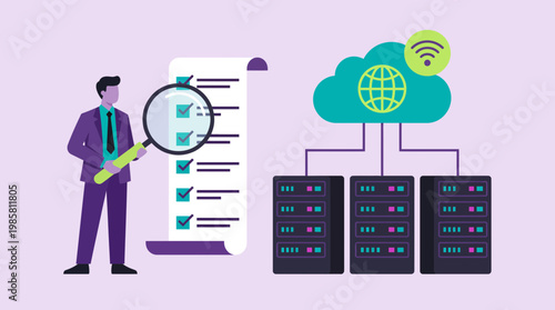 IT compliance officer holding magnifying glass checking digital list next to cloud server infrastructure, concept for data auditing, system monitoring and network security management