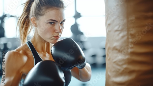 A focused young woman wearing black boxing gloves practices punching a heavy bag in a gym setting.
