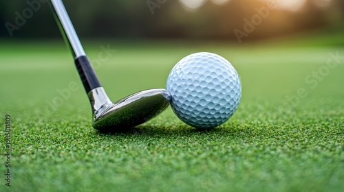 Close-up of a golf club and ball on a green golf course ready for a putt.