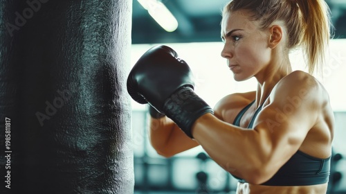 Woman intensely training with boxing gloves, punching a heavy bag in a gym.