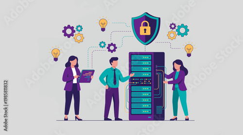 Professional system administrators and database engineers managing secure server rack hardware equipment, concept for cybersecurity protection, network infrastructure and digital data storage