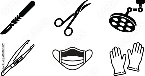 Surgical instruments and protective gear a medical icon set