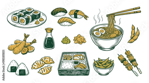 Set of vintage hand drawn Japanese cuisine icons including sushi, ramen, bento and tempura on white background, concept for restaurant menu design, asian food branding and culinary promotion
