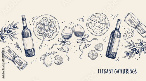 Hand drawn sketch of wine bottles and glasses with oysters cheese and olives on elegant dinner table background, concept for restaurant menu design culinary event promotion and luxury party invitation