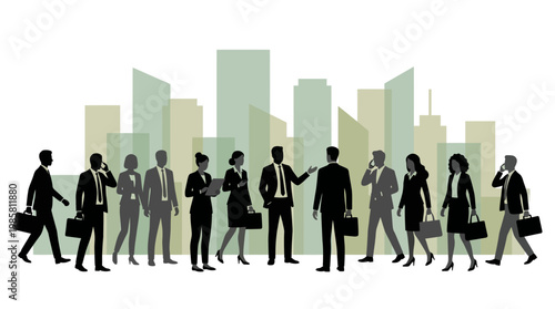 Silhouettes of corporate executives and office managers walking against a modern urban skyline background, concept for business networking, global growth and professional recruitment