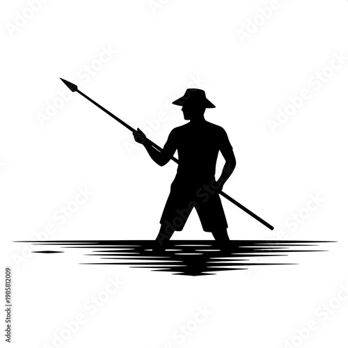 Silhouette of fisherman with spear in calm water at dusk