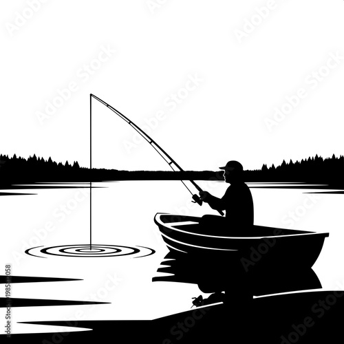Silhouette of fisherman casting net from boat at sunset over calm lake