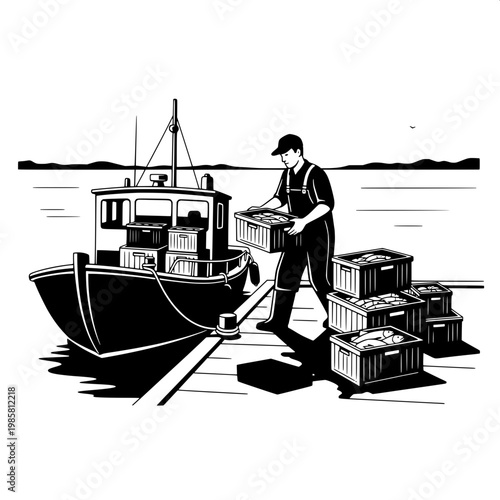 Fisherman unloading fresh catch from wooden boat at dock in black and white