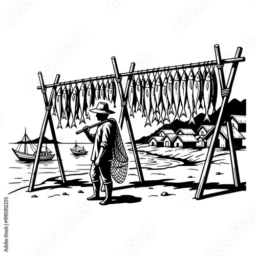 Fisherman drying traditional fish on wooden racks by coastal village at dusk