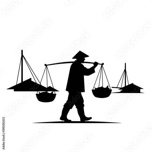 Justice balance scales with mountain weights concept in minimalist black and white illustration