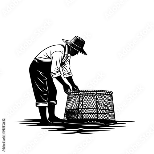 Elderly fisherman checking net by riverside in monochrome illustration