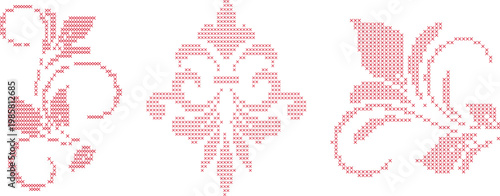 Pink Cross  Stitch Floral Ornament Set Embroidery Style Vector Design Elements