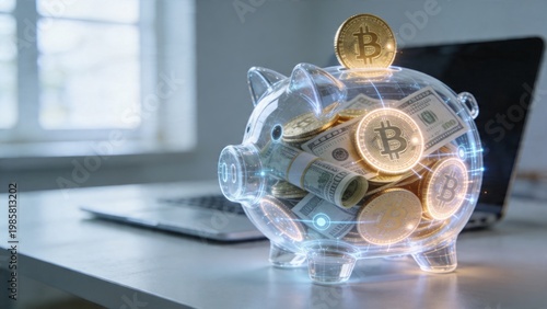 Transparent piggy bank with glowing digital savings on minimalist desk