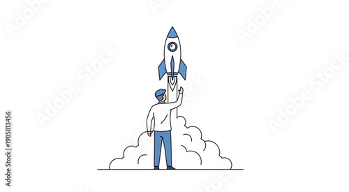 A man in a business suit launches a rocket into the sky successfully.