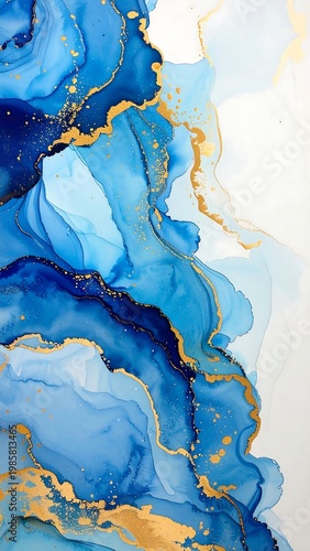 Vibrant blue and gold abstract fluid art on white