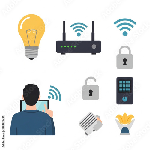 Man using tablet with router and security icons nearby indoors