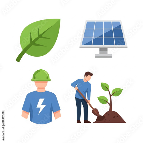 A worker in a hard hat plants a sapling next to a solar panel and a leaf symbolizing eco-friendly technology and sustainable energy.