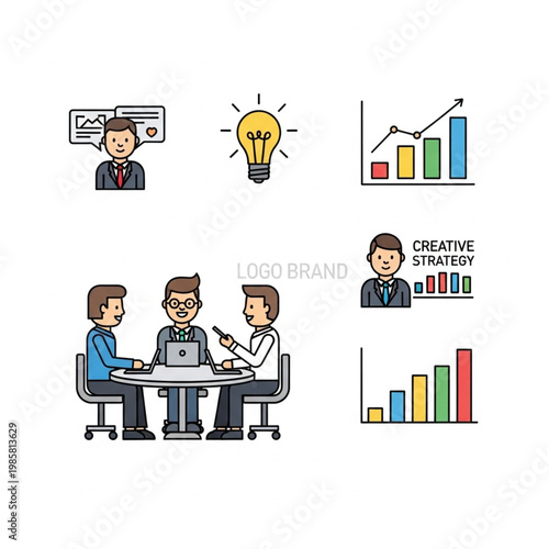 Business professionals discussing creative strategy around a table with laptops and graphs